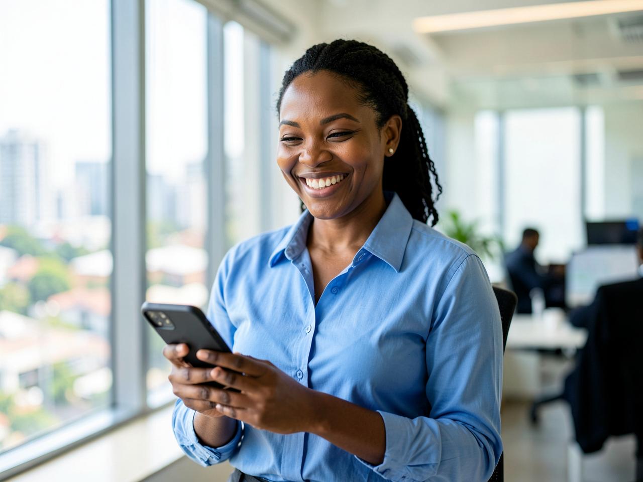Nigerian professional using a smartphone in a modern office