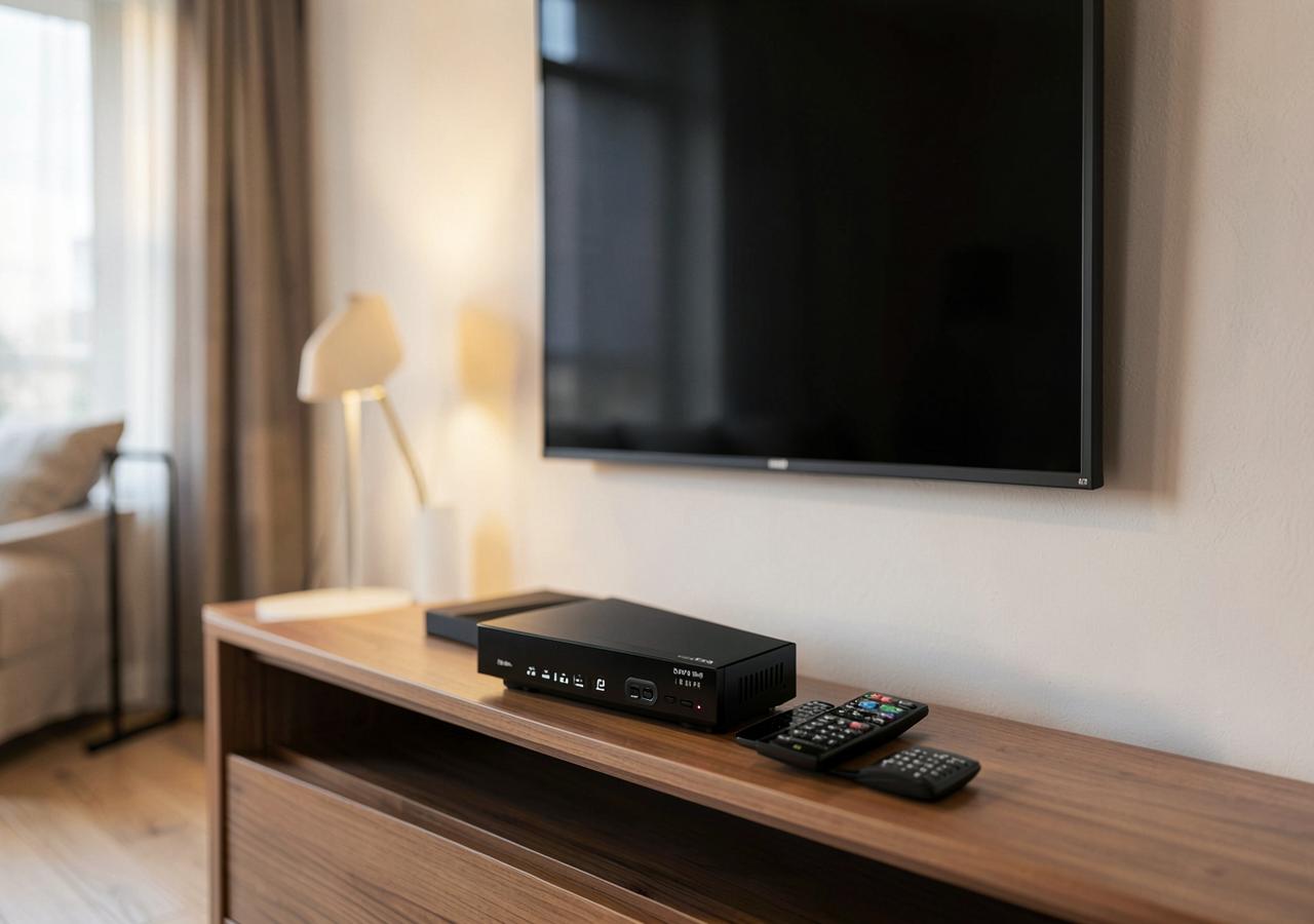 Decoder set-top box and remote control below a wall-mounted television
