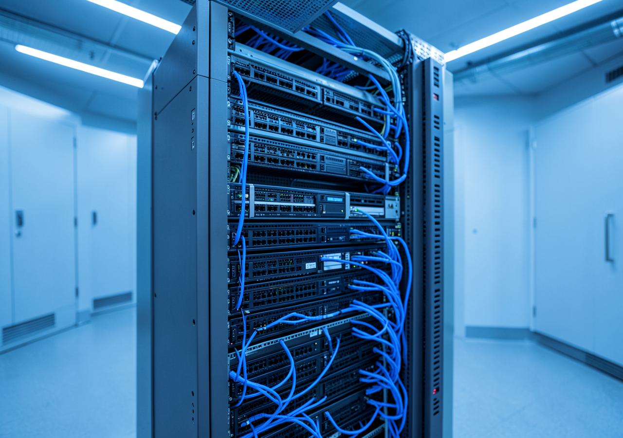 Network rack with patch panels and structured cabling
