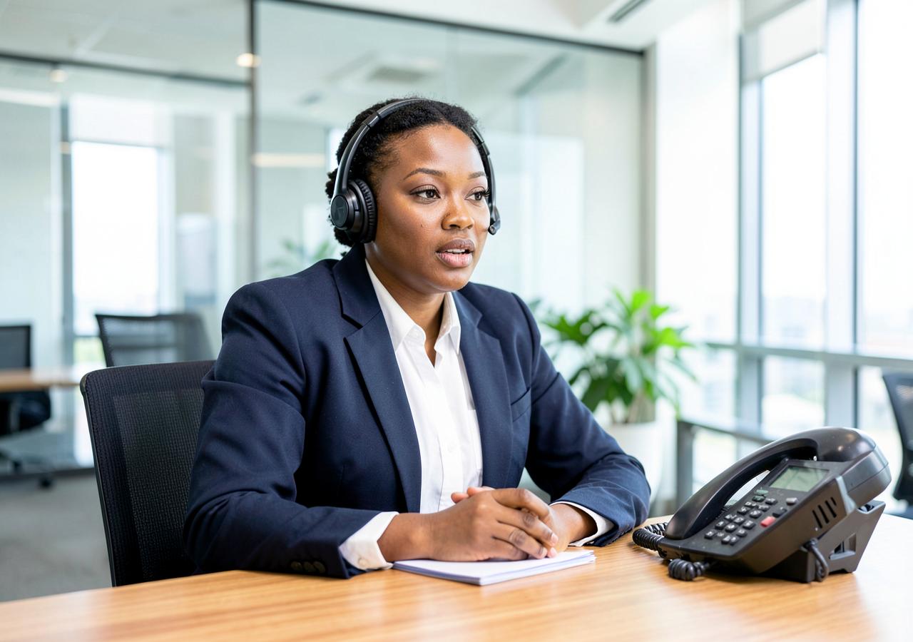 Office worker with a headset beside a desk telephone