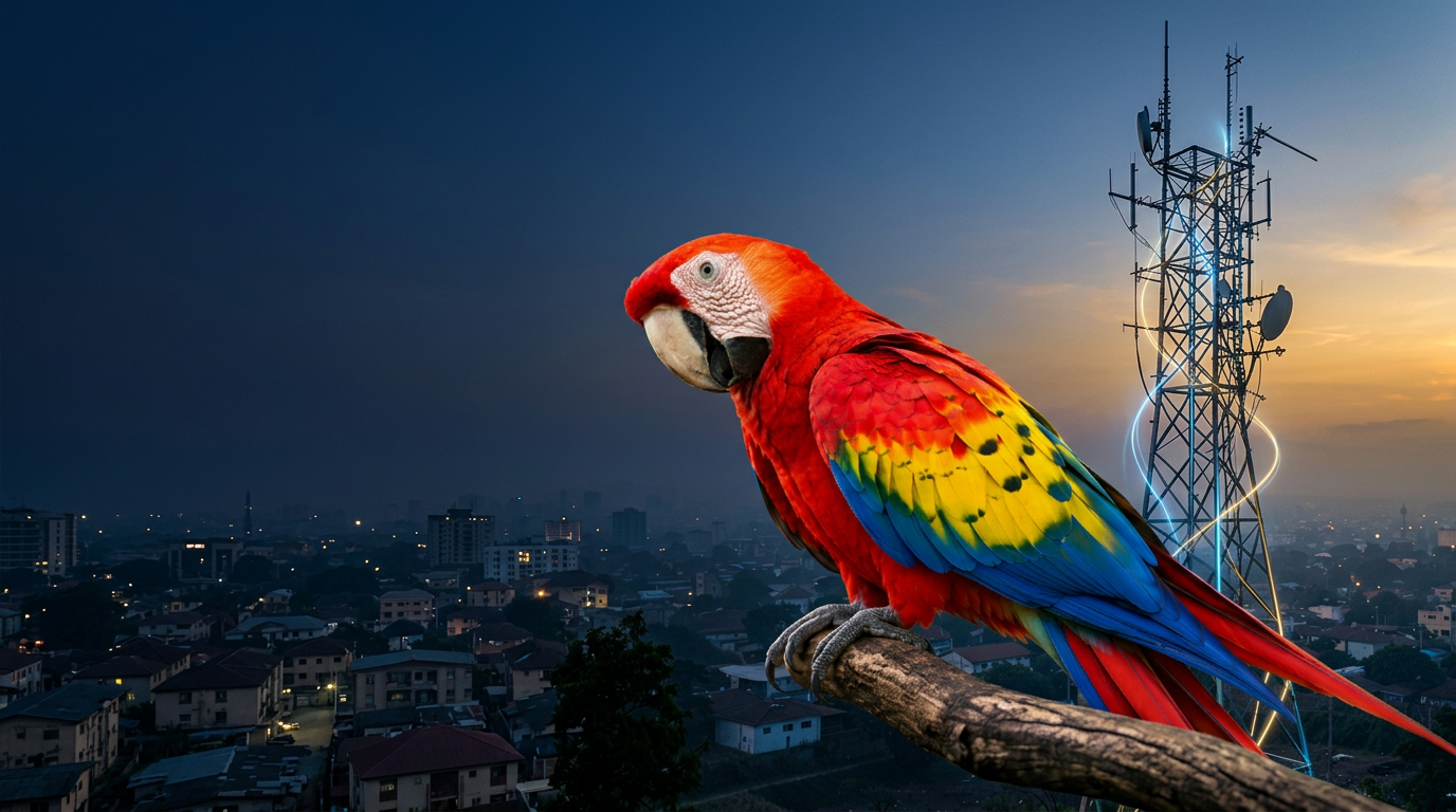 Scarlet macaw perched on a wooden branch beside a telecommunications tower above Lagos at dusk
