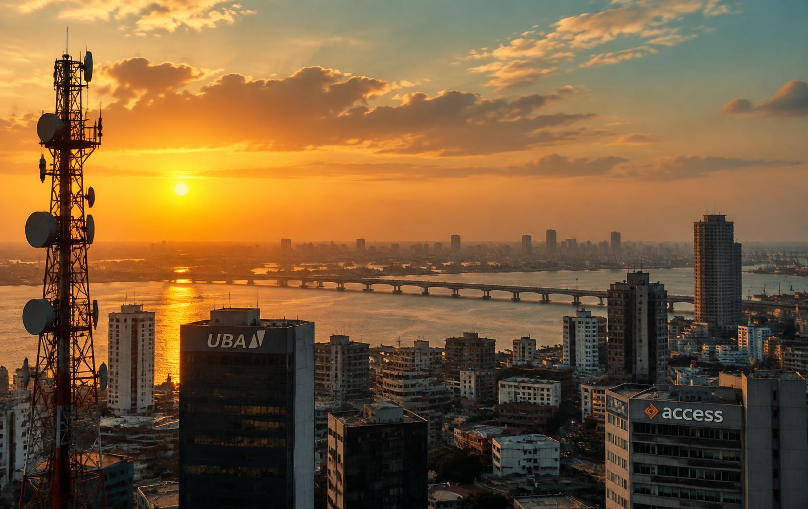 Nigerian city skyline at golden hour with a telecommunications tower